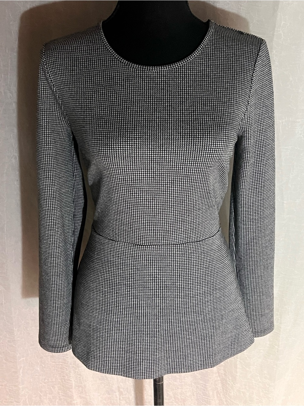Ann Taylor Black and White Houndstooth Long-Sleeve Peplum Top